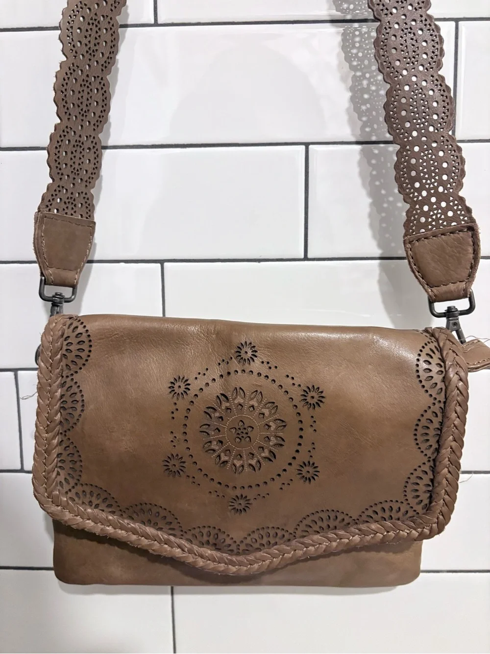 Brown Bohemian Laser-Cut Leather Crossbody Bag